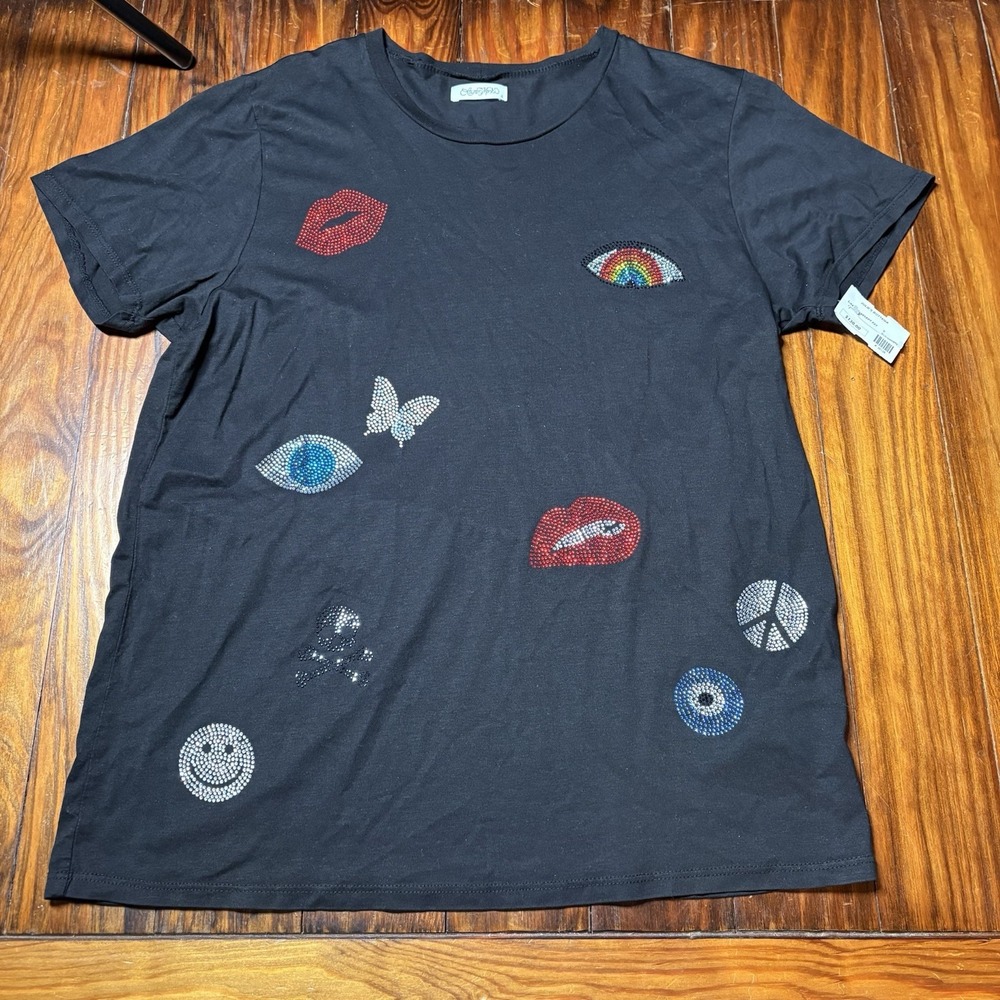 Lauren Moshi Black Crystal Evil Eye Heart Lips Butterfly Peace T-Shirt S A1580